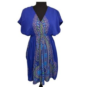 Lapogee Blue Colorful Dashiki Print Babydoll Blouson Dress Size M